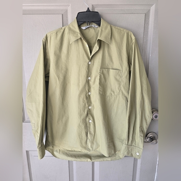 Zara Shirt Small Women Green Long Sleeve Button Up Collared 100% Cotton - Picture 2 of 9